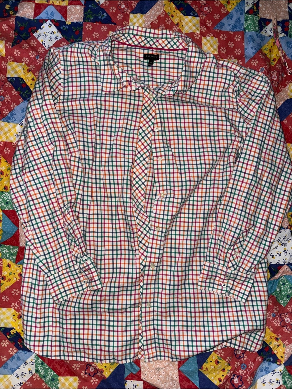 Talbots White Button-Down Shirt with Rainbow Windowpane Plaid
